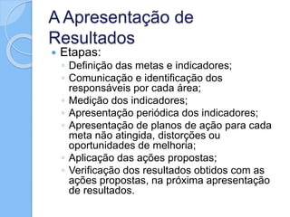 A Apresentação de
Resultados
 Etapas:
◦ Definição das metas e indicadores;
◦ Comunicação e identificação dos
responsáveis por cada área;
◦ Medição dos indicadores;
◦ Apresentação periódica dos indicadores;
◦ Apresentação de planos de ação para cada
meta não atingida, distorções ou
oportunidades de melhoria;
◦ Aplicação das ações propostas;
◦ Verificação dos resultados obtidos com as
ações propostas, na próxima apresentação
de resultados.
 