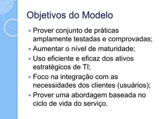 Objetivos do Modelo
 Prover conjunto de práticas
amplamente testadas e comprovadas;
 Aumentar o nível de maturidade;
 Uso eficiente e eficaz dos ativos
estratégicos de TI;
 Foco na integração com as
necessidades dos clientes (usuários);
 Prover uma abordagem baseada no
ciclo de vida do serviço.
 
