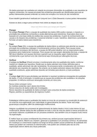 Os dados precisam ser avaliados em relação às principais dimensões da qualidade e aos requisitos de
negócio conhecidos. As causas principais dos problemas precisarão ser identificadas para que as
partes interessadas possam entender os custos da correção e os riscos de não remediá-los.
Esse trabalho geralmente é realizado em conjunto com o Data Stewards e outras partes interessadas.
Acesse as abas a seguir para conhecer mais sobre as etapas do ciclo.
Clique no(s) item(s) abaixo para navegar pelo infográfico
 Planejar
No estágio Planejar (Plan), a equipe de qualidade dos dados (QD) avalia o escopo, o impacto e a
prioridade dos problemas conhecidos e avalia alternativas para resolvê-los. Esse plano deve ser
baseado em uma base sólida de análise das causas dos problemas. A partir do conhecimento das
causas e do impacto dos problemas, é possível entender o custo / benefício, determinar a prioridade e
formular um plano básico para resolvê-los.
 Fazer
No estágio Fazer (Do), a equipe de qualidade de dados lidera os esforços para abordar as causas
principais dos problemas e planejar o monitoramento contínuo dos dados. Para causas raízes
baseadas em processos não técnicos, a equipe de QD pode trabalhar com os responsáveis pelos
processos para implementar mudanças. Para causas raiz que exigem alterações técnicas, a equipe de
QD deve trabalhar com equipes técnicas e garantir que os requisitos sejam implementados
corretamente e que nenhum erro não intencional seja introduzido por alterações técnicas.
 Verificar
O estágio de Verificar (Check) envolve o monitoramento ativo da qualidade dos dados, conforme
medido em relação aos requisitos. Desde que os dados atendam aos limites definidos para a
qualidade, ações adicionais não são necessárias. Os processos serão considerados sob controle e
atendendo aos requisitos de negócios. No entanto, se os dados estiverem abaixo dos limites de
qualidade aceitáveis, ações adicionais deverão ser tomadas para elevá-lo a níveis aceitáveis.
 Agir
O estágio Agir (Act) é para atividades que abordam e resolvem problemas emergentes de qualidade
de dados. O ciclo é reiniciado, à medida que as causas dos problemas são avaliadas e as soluções
propostas. A melhoria contínua é alcançada iniciando um novo ciclo.
Novos ciclos começam como:
As medidas existentes caem abaixo dos limites.
Novos conjuntos de dados estão sob investigação.
Novos requisitos de qualidade de dados emergem para conjuntos de dados existentes.
Regras, padrões ou expectativas de negócios mudam.
Estabelecer critérios para a qualidade dos dados no início de um processo ou construção do sistema é
um sinal de uma organização com maturidade no gerenciamento de dados. Fazer isso exige
governança e disciplina, além de colaboração multifuncional.
Integrar a qualidade nos processos de gerenciamento de dados desde o início custa menos do que
modernizá-la. Manter dados de alta qualidade em todo o ciclo de vida dos dados é menos arriscado do
que tentar melhorar a qualidade em um processo existente. Isso também cria um impacto muito menor
na organização.
É melhor fazer as coisas corretamente da primeira vez, embora poucas organizações tenham o
cuidado de fazê-lo. Mesmo se o fizerem, gerenciar a qualidade é um processo contínuo. As demandas
em mudança e o crescimento orgânico ao longo do tempo podem causar problemas de qualidade dos
dados que podem ser onerosos se desmarcados, mas podem ser cortados pela raiz se uma
organização estiver atenta aos riscos potenciais.
 