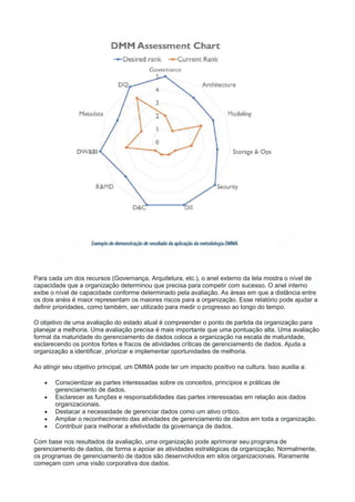 Para cada um dos recursos (Governança, Arquitetura, etc.), o anel externo da tela mostra o nível de
capacidade que a organização determinou que precisa para competir com sucesso. O anel interno
exibe o nível de capacidade conforme determinado pela avaliação. As áreas em que a distância entre
os dois anéis é maior representam os maiores riscos para a organização. Esse relatório pode ajudar a
definir prioridades, como também, ser utilizado para medir o progresso ao longo do tempo.
O objetivo de uma avaliação do estado atual é compreender o ponto de partida da organização para
planejar a melhoria. Uma avaliação precisa é mais importante que uma pontuação alta. Uma avaliação
formal da maturidade do gerenciamento de dados coloca a organização na escala de maturidade,
esclarecendo os pontos fortes e fracos de atividades críticas de gerenciamento de dados. Ajuda a
organização a identificar, priorizar e implementar oportunidades de melhoria.
Ao atingir seu objetivo principal, um DMMA pode ter um impacto positivo na cultura. Isso auxilia a:
 Conscientizar as partes interessadas sobre os conceitos, princípios e práticas de
gerenciamento de dados.
 Esclarecer as funções e responsabilidades das partes interessadas em relação aos dados
organizacionais.
 Destacar a necessidade de gerenciar dados como um ativo crítico.
 Ampliar o reconhecimento das atividades de gerenciamento de dados em toda a organização.
 Contribuir para melhorar a efetividade da governança de dados.
Com base nos resultados da avaliação, uma organização pode aprimorar seu programa de
gerenciamento de dados, de forma a apoiar as atividades estratégicas da organização. Normalmente,
os programas de gerenciamento de dados são desenvolvidos em silos organizacionais. Raramente
começam com uma visão corporativa dos dados.
 