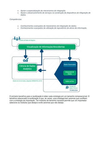  Apoiar a especialização de mecanismos de integração.
 Apoiar o desenvolvimento de serviços na construção de dispositivos de integração de
dados.
Competências:
 Conhecimentos avançados de mecanismos de integração de dados.
 Conhecimentos avançados de utilização de repositórios de ativos de informação.
O primeiro benefício para a reutilização é obter cada ontologia em um tamanho compreensível. O
benefício relacionado à reutilização é que, às vezes, uma ontologia tem axiomas que conflitam
com a ontologia de importação. Ter módulos de tamanho razoável permite que um importador
selecione os módulos que deseja e evite axiomas que não deseja.
 