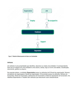 Atributo
Um atributo é uma propriedade que identifica, descreve ou mede uma entidade. O correspondente
físico de um atributo em uma entidade é uma coluna, campo, tag ou nó em uma tabela, visualização,
documento, gráfico ou arquivo.
No exemplo abaixo, a entidade Organization possui os atributos de ID fiscal da organização, Número
de telefone da organização e Nome da organização. O funcionário possui os atributos: Número do
funcionário, Nome do funcionário, Sobrenome do funcionário e Data de nascimento do funcionário. Os
detalhes Dependente e Trabalho têm atributos que descrevem suas características.
 