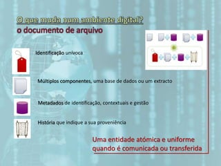 Identificação unívoca
Múltiplos componentes, uma base de dados ou um extracto
Metadados de identificação, contextuais e gestão
História que indique a sua proveniência
Uma entidade atómica e uniforme
quando é comunicada ou transferida
 