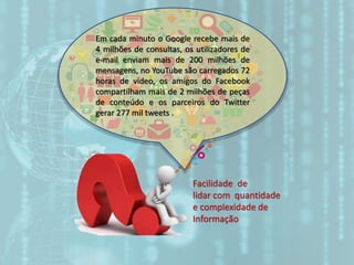 Facilidade de
lidar com quantidade
e complexidade de
Informação
Em cada minuto o Google recebe mais de
4 milhões de consultas, os utilizadores de
e-mail enviam mais de 200 milhões de
mensagens, no YouTube são carregados 72
horas de vídeo, os amigos do Facebook
compartilham mais de 2 milhões de peças
de conteúdo e os parceiros do Twitter
gerar 277 mil tweets .
 