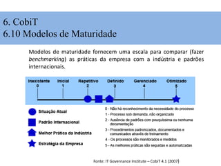 Modelos de Maturidade
Modelos de maturidade fornecem uma escala para comparar (fazer
benchmarking) as práticas da empresa com a indústria e padrões
internacionais.
Fonte: IT Governance Institute – CobiT 4.1 (2007)
6. CobiT
6.10 Modelos de Maturidade
 