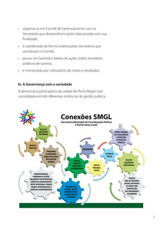 • organiza-se em Comitê de Gerenciamento com as
  Secretarias que desenvolvem ações relacionadas com sua
  finalidade;
• é coordenado de forma rotativa pelos Secretários que
  constituem o Comitê;
• possui um Gerente e líderes de ações, todos servidores
  públicos de carreira;
• é monitorado por indicadores de metas e resultados.


b) A Governança com a sociedade
A democracia participativa da cidade de Porto Alegre está
consolidada em três diferentes instâncias de gestão pública:




                                                               7
 