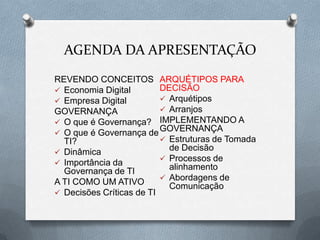 Abordagens de ComunicaçãoO QUE É GOVERNANÇA?“É o exercício da autoridade, controle, administração, poder de governo, mais precisamente é a maneira pela qual o poder é exercido na administração dos recursos sociais e econômicos (...) visando o desenvolvimento”³“Governança corporativa é o sistema pelo qual as organizações são dirigidas, monitoradas e incentivas, envolvendo os relacionamentos entre proprietários, conselho de administração, diretoria e órgãos de controle”43 (GONÇALVEZ,  2005, p.1)4 (IBGC, 1995, p.7)  