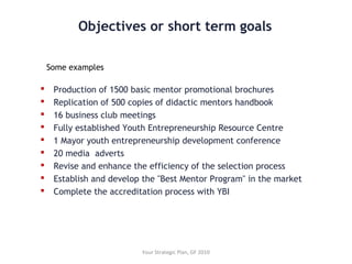 Objectives or short term goals
 Production of 1500 basic mentor promotional brochures
 Replication of 500 copies of didactic mentors handbook
 16 business club meetings
 Fully established Youth Entrepreneurship Resource Centre
 1 Mayor youth entrepreneurship development conference
 20 media adverts
 Revise and enhance the efficiency of the selection process
 Establish and develop the "Best Mentor Program" in the market
 Complete the accreditation process with YBI
Some examples
Your Strategic Plan, GF 2010
 