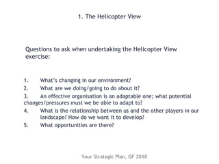 1. The Helicopter View
1. What’s changing in our environment?
2. What are we doing/going to do about it?
3. An effective organisation is an adaptable one; what potential
changes/pressures must we be able to adapt to?
4. What is the relationship between us and the other players in our
landscape? How do we want it to develop?
5. What opportunities are there?
Questions to ask when undertaking the Helicopter View
exercise:
Your Strategic Plan, GF 2010
 