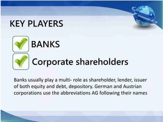 KEY PLAYERS
BANKS
Corporate shareholders
Banks usually play a multi- role as shareholder, lender, issuer
of both equity an...