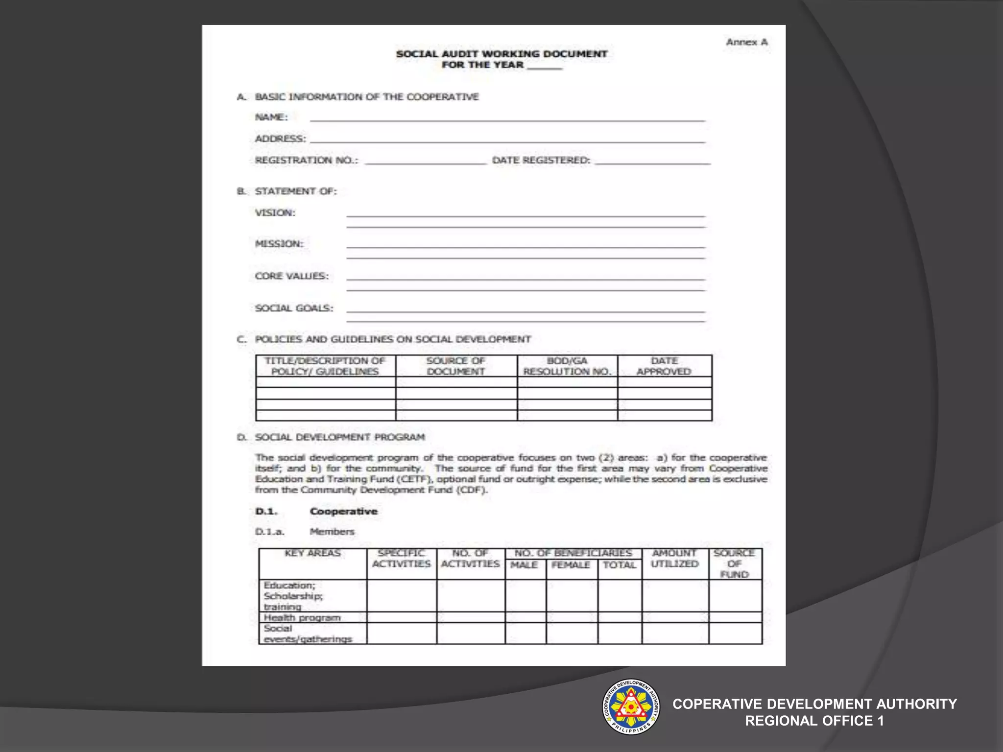COPERATIVE DEVELOPMENT AUTHORITY
REGIONAL OFFICE 1
 