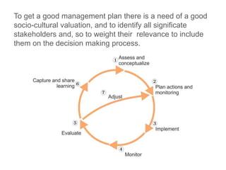 To get a good management plan there is a need of a good
socio-cultural valuation, and to identify all significate
stakeholders and, so to weight their relevance to include
them on the decision making process.
 