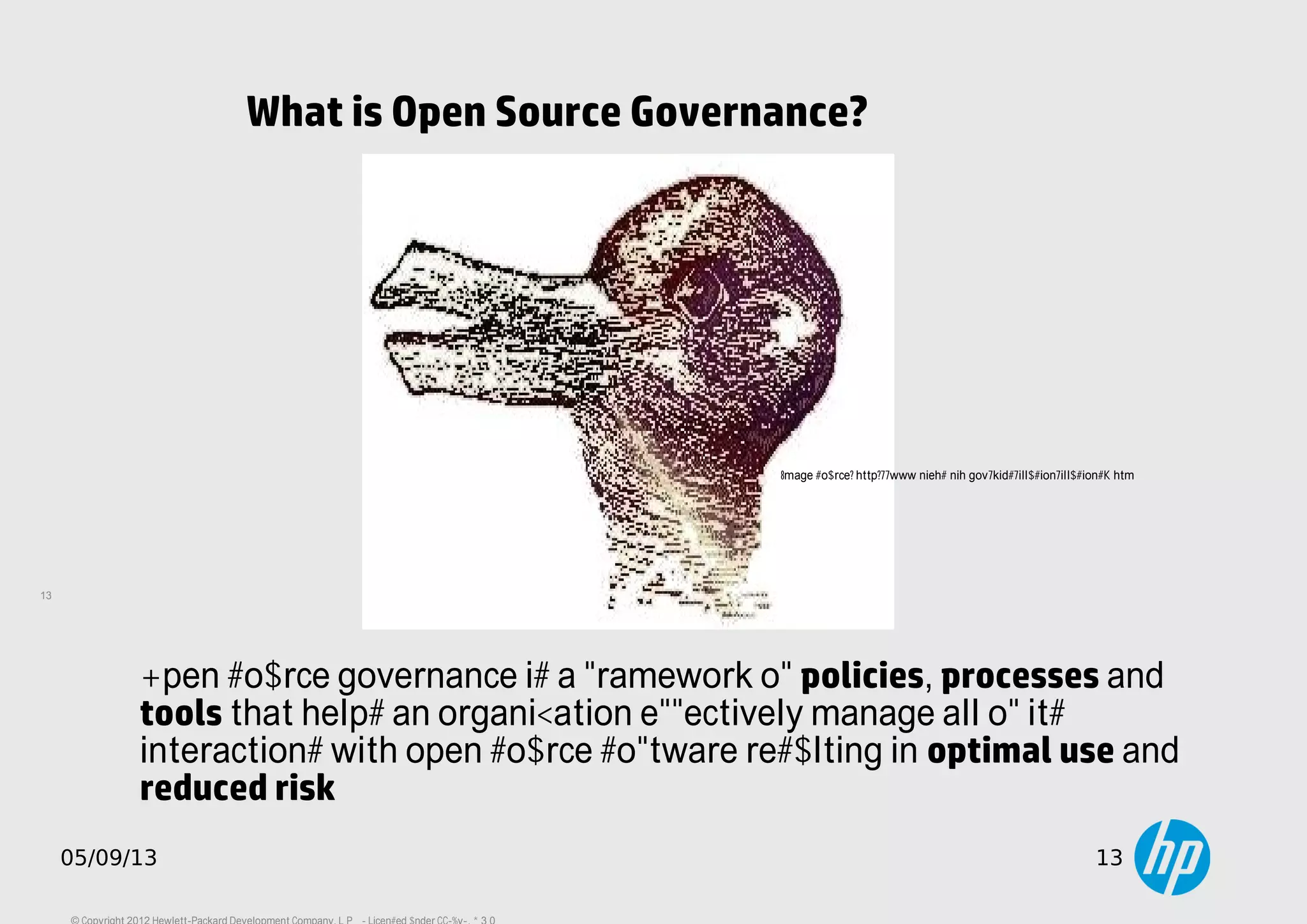 13
05/09/13 13
What is Open Source Governance?
Image source: http://www.niehs.nih.gov/kids/illusion/illusions7.htm
Open source governance is a framework of policies, processes and
tools that helps an organization effectively manage all of its
interactions with open source software resulting in optimal use and
reduced risk.
 