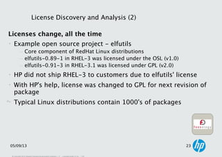 23
05/09/13 23
Licenses change, all the time
• Example open source project - elfutils
− Core component of RedHat Linux dis...