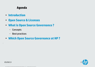 Agenda
●

Introduction

●

Open Source & Licenses

●

What is Open Source Governance ?
–
–

●

Concepts
Best practices

Wh...