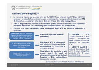 10
La normativa vigente, sia generale (art.3-bis DL 138/2011) sia settoriale (art.147 Dlgs. 152/2006),
sancisce – ai fini dell’affidamento del servizio idrico integrato – la regola dell’individuazione di ATO
di dimensioni non inferiori al territorio delle province o delle città metropolitane.
Tutte le Regioni hanno provveduto a delimitare gli ATO e molte di esse ne hanno ridefinito il
perimetro territoriale, con una conseguente razionalizzazione nel numero di ATO.
Permane una forte eterogeneità nelle dimensioni degli ATO sul territorio nazionale, in
particolare:
Delimitazione degli EGA
AEEGSI-DSID24/06/2016
Fonte dati: Elaborazione AEEGSI (Relazione 665/2015/I/IDR)
11 REGIONI (Abruzzo, Basilicata,
Calabria, Emilia Romagna, Molise,
Puglia, Sardegna, Valle D’Aosta,
Toscana, Umbria, Campania)
o LIGURIA -> L.R.
17/2015 istituisce il terzo
ambito sub-provinciale
nella Provincia di Savona,
Governo ha impugnato
L.R.
o VENETO, MARCHE ->
criteri di delimitazione degli
ATO di natura idrografica,
piuttosto che di natura
amministrativa.
ATO unico regionale (modello
prevalente)
5 REGIONI (Piemonte, Sicilia,
Lazio, Friuli Venezia Giulia,
Lombardia)
Pluralità di ATO di dimensioni
non inferiori a Province o Città
metropolitane (in conformità a
normativa vigente)
3 REGIONI (Marche, Liguria,
Veneto+Lemene)
Ripartizione del territorio in più
ambiti, alcuni dei quali di
dimensioni inferiori al territorio di
Province o Città metropolitane
(situazioni di criticità)
 