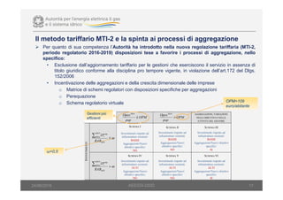 Il metodo tariffario MTI-2 e la spinta ai processi di aggregazione
17
Per quanto di sua competenza l’Autorità ha introdotto nella nuova regolazione tariffaria (MTI-2,
periodo regolatorio 2016-2019) disposizioni tese a favorire i processi di aggregazione, nello
specifico:
• Esclusione dall’aggiornamento tariffario per le gestioni che eserciscono il servizio in assenza di
titolo giuridico conforme alla disciplina pro tempore vigente, in violazione dell’art.172 del Dlgs.
152/2006
• Incentivazione delle aggregazioni e della crescita dimensionale delle imprese
o Matrice di schemi regolatori con disposizioni specifiche per aggregazioni
o Perequazione
o Schema regolatorio virtuale
AEEGSI-DSID24/06/2016
OPM
pop
Opex
≤
2014
OPM
pop
Opex
>
2014 AGGREGAZIONI, VARIAZIONI
NEGLI OBIETTIVI O NELLE
ATTIVITÀ DEL GESTORE
INVESTIMENTI
ω≤
∑
MTI
t
RAB
PI exp2019
2016
SCHEMA I
Investimenti rispetto ad
infrastrutture esistenti:
BASSI
Aggregazioni/Nuovi
obiettivi specifici:
NO
SCHEMA II
Investimenti rispetto ad
infrastrutture esistenti:
BASSI
Aggregazioni/Nuovi
obiettivi specifici:
NO
SCHEMA III
Investimenti rispetto ad
infrastrutture esistenti:
BASSI
Aggregazioni/Nuovi obiettivi
specifici:
SI
ω>
∑
MTI
t
RAB
PI exp2019
2016
SCHEMA IV
Investimenti rispetto ad
infrastrutture esistenti:
ALTI
Aggregazioni/Nuovi
obiettivi specifici:
NO
SCHEMA V
Investimenti rispetto ad
infrastrutture esistenti:
ALTI
Aggregazioni/Nuovi
obiettivi specifici:
NO
SCHEMA VI
Investimenti rispetto ad
infrastrutture esistenti:
ALTI
Aggregazioni/Nuovi obiettivi
specifici:
SI
Gestioni più
efficienti
Gestioni più
efficienti
ω=0,5ω=0,5
OPM=109
euro/abitante
OPM=109
euro/abitante
 