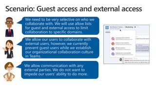 We need to be very selective on who we
collaborate with. We will use allow lists
for guest and external access to limit
collaboration to specific domains.
We allow our users to collaborate with
external users, however, we currently
prevent guest users while we establish
our organizational collaboration culture
in Teams.
We allow communication with any
external parties. We do not want to
impede our users’ ability to do more.
 