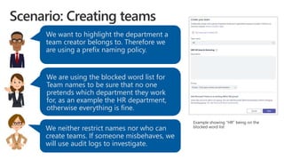 We want to highlight the department a
team creator belongs to. Therefore we
are using a prefix naming policy.
We are using the blocked word list for
Team names to be sure that no one
pretends which department they work
for, as an example the HR department,
otherwise everything is fine.
We neither restrict names nor who can
create teams. If someone misbehaves, we
will use audit logs to investigate.
 