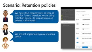 We have strict requirements to keep all
data for 7 years, therefore we are using
retention policies to keep all data and
deletes it afterwards.
We are not implementing any retention
policy.
We are not implementing any retention
policy.
 