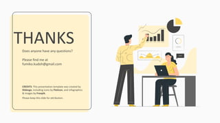 CREDITS: This presentation template was created by
ݺߣsgo, including icons by Flaticon, and infographics
& images by Freepik.
THANKSDoes anyone have any questions?
Please find me at
fumiko.kudoh@gmail.com
Please keep this slide for attribution.
 
