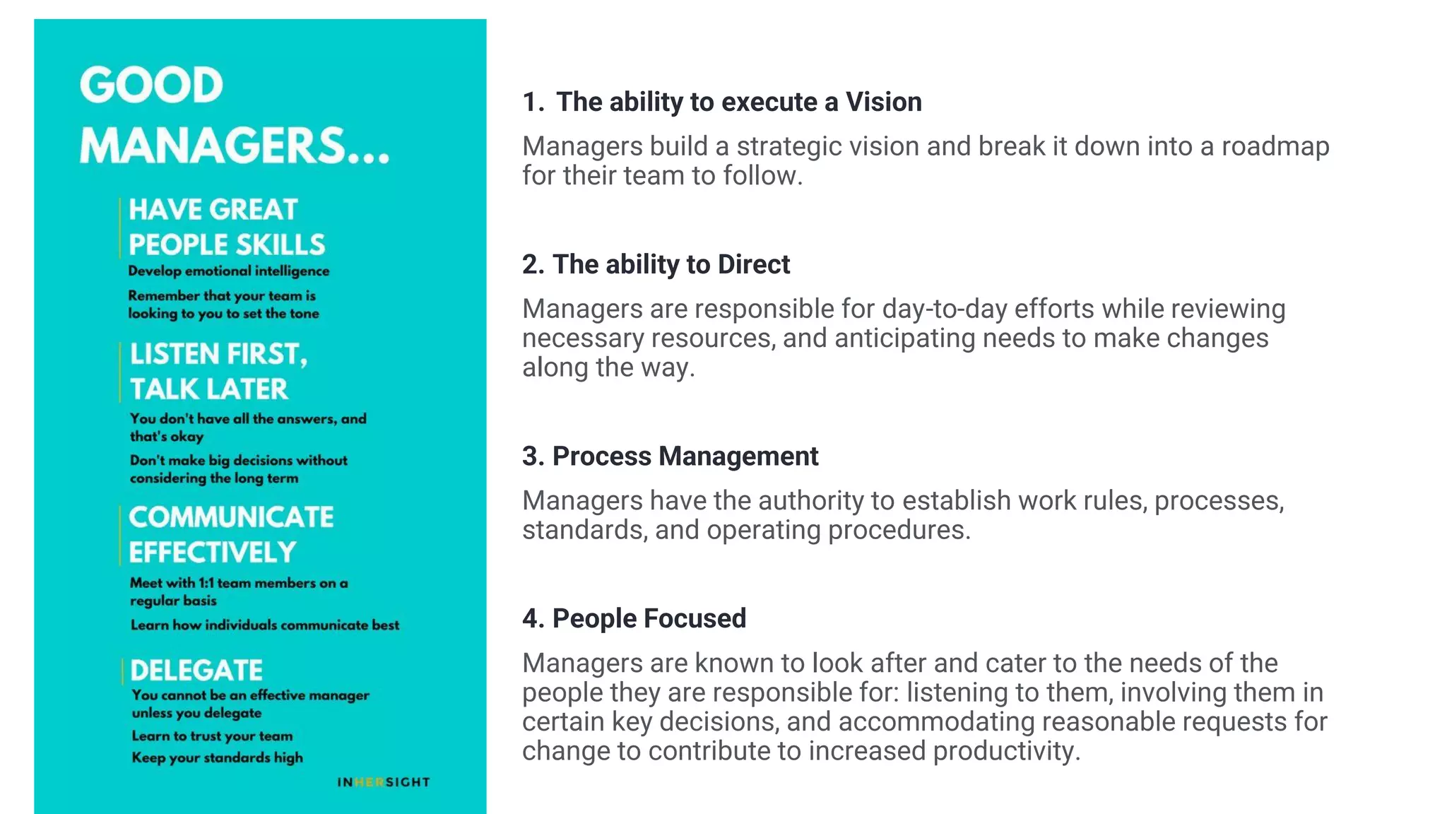 1. The ability to execute a Vision
Managers build a strategic vision and break it down into a roadmap
for their team to follow.
2. The ability to Direct
Managers are responsible for day-to-day efforts while reviewing
necessary resources, and anticipating needs to make changes
along the way.
3. Process Management
Managers have the authority to establish work rules, processes,
standards, and operating procedures.
4. People Focused
Managers are known to look after and cater to the needs of the
people they are responsible for: listening to them, involving them in
certain key decisions, and accommodating reasonable requests for
change to contribute to increased productivity.
 