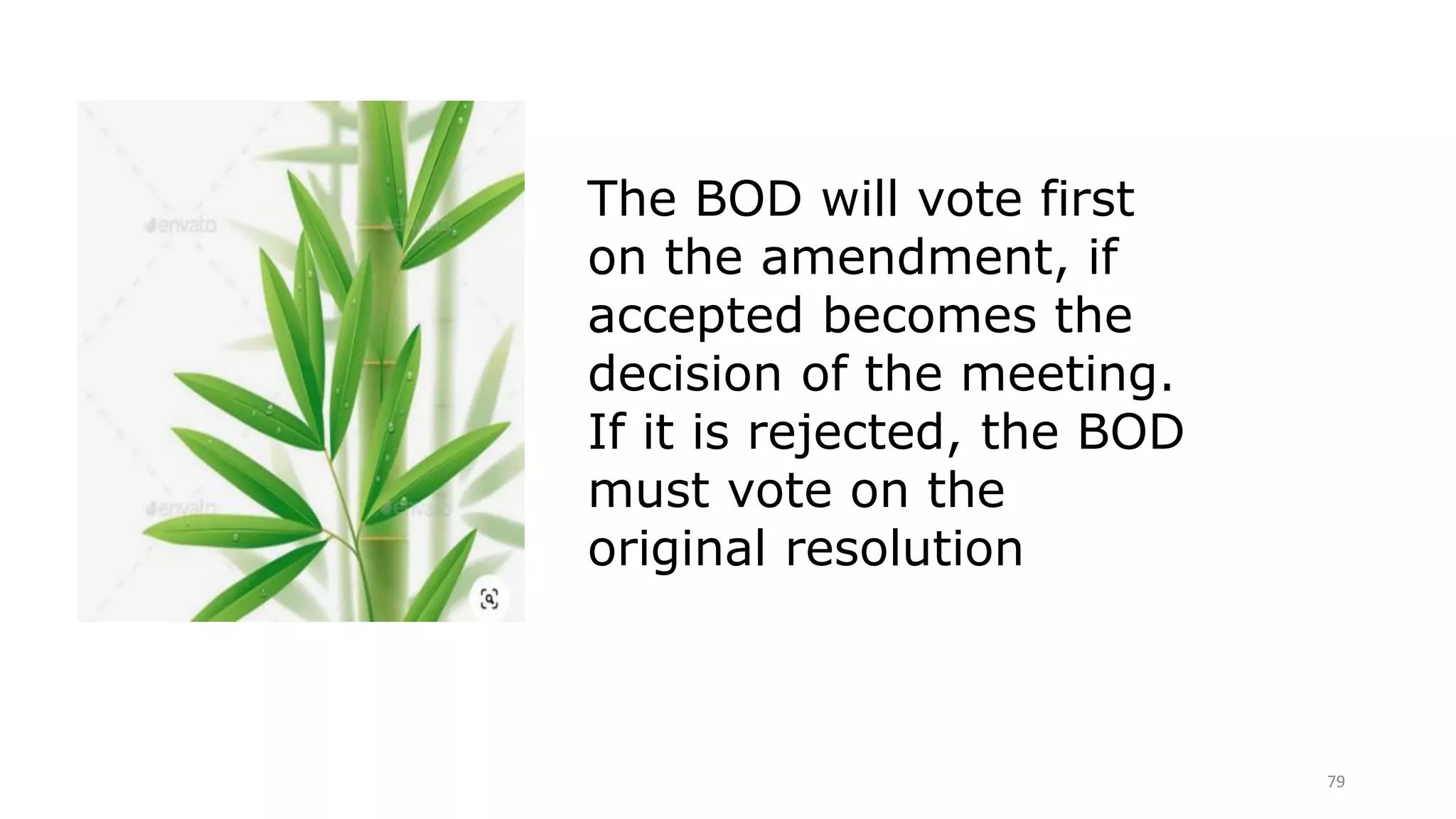 79
The BOD will vote first
on the amendment, if
accepted becomes the
decision of the meeting.
If it is rejected, the BOD
must vote on the
original resolution
 