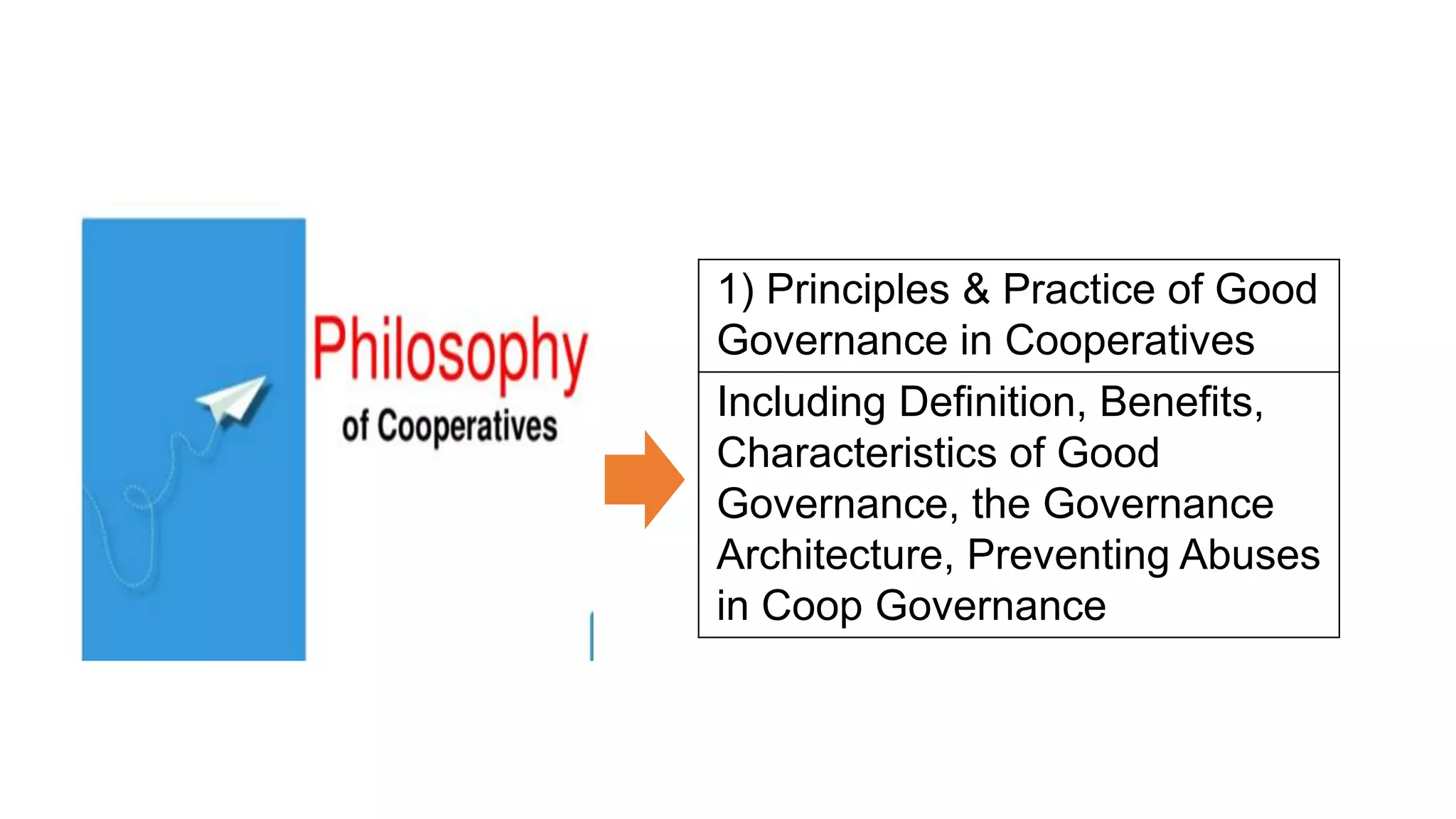 1) Principles & Practice of Good
Governance in Cooperatives
Including Definition, Benefits,
Characteristics of Good
Governance, the Governance
Architecture, Preventing Abuses
in Coop Governance
 