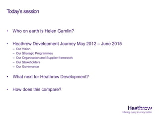 Today’s session
• Who on earth is Helen Gamlin?
• Heathrow Development Journey May 2012 – June 2015
– Our Vision
– Our Str...