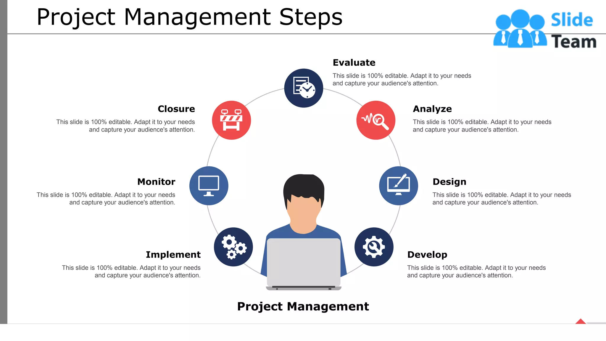 Project Management Steps
Project Management
Evaluate
This slide is 100% editable. Adapt it to your needs
and capture your audience's attention.
Analyze
This slide is 100% editable. Adapt it to your needs
and capture your audience's attention.
Design
This slide is 100% editable. Adapt it to your needs
and capture your audience's attention.
Develop
This slide is 100% editable. Adapt it to your needs
and capture your audience's attention.
Closure
This slide is 100% editable. Adapt it to your needs
and capture your audience's attention.
Monitor
This slide is 100% editable. Adapt it to your needs
and capture your audience's attention.
Implement
This slide is 100% editable. Adapt it to your needs
and capture your audience's attention.
52
This slide is 100% editable. Adapt it your needs and capture your audience’s attention.
 