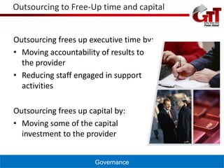 Outsourcing to Free-Up time and capital


Outsourcing frees up executive time by:
• Moving accountability of results to
  the provider
• Reducing staff engaged in support
  activities

Outsourcing frees up capital by:
• Moving some of the capital
  investment to the provider


                       Governance
 