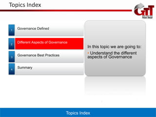 Topics Index


1
    Governance Defined



2
    Different Aspects of Governance
                                            In this topic we are going to:
    Governance Best Practices
                                            • Understand the different
3                                           aspects of Governance

4
    Summary




                                  Topics Index
 