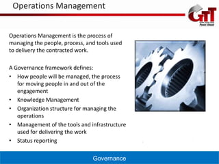 Operations Management


Operations Management is the process of
managing the people, process, and tools used
to delivery the contracted work.

A Governance framework defines:
• How people will be managed, the process
   for moving people in and out of the
   engagement
• Knowledge Management
• Organization structure for managing the
   operations
• Management of the tools and infrastructure
   used for delivering the work
• Status reporting

                                Governance
 