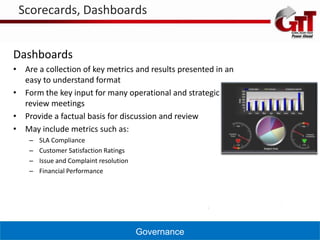Scorecards, Dashboards


Dashboards
• Are a collection of key metrics and results presented in an
  easy to understand format
• Form the key input for many operational and strategic
  review meetings
• Provide a factual basis for discussion and review
• May include metrics such as:
    –   SLA Compliance
    –   Customer Satisfaction Ratings
    –   Issue and Complaint resolution
    –   Financial Performance




                                         Governance
 
