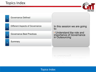 Topics Index


1
    Governance Defined



2
    Different Aspects of Governance         In this session we are going
                                            to:
    Governance Best Practices
                                            • Understand the role and
3                                           importance of Governance
                                            in Outsourcing
4
    Summary




                                  Topics Index
 