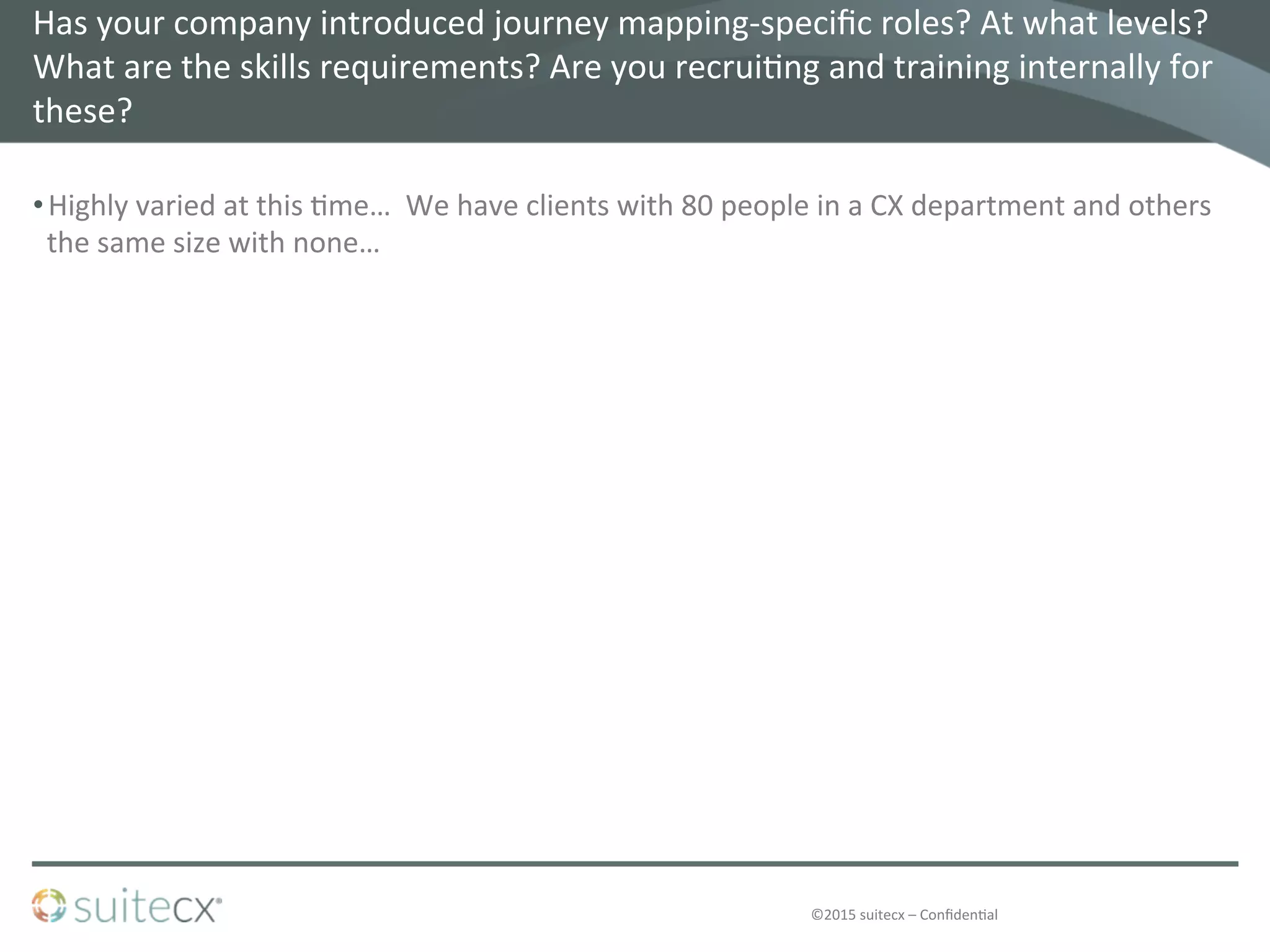 ©2015	
  suitecx	
  –	
  Conﬁden@al	
  
Has	
  your	
  company	
  introduced	
  journey	
  mapping-­‐speciﬁc	
  roles?	
  At	
  what	
  levels?	
  
What	
  are	
  the	
  skills	
  requirements?	
  Are	
  you	
  recrui@ng	
  and	
  training	
  internally	
  for	
  
these?	
  	
  
• Highly	
  varied	
  at	
  this	
  @me…	
  	
  We	
  have	
  clients	
  with	
  80	
  people	
  in	
  a	
  CX	
  department	
  and	
  others	
  
the	
  same	
  size	
  with	
  none…	
  
 