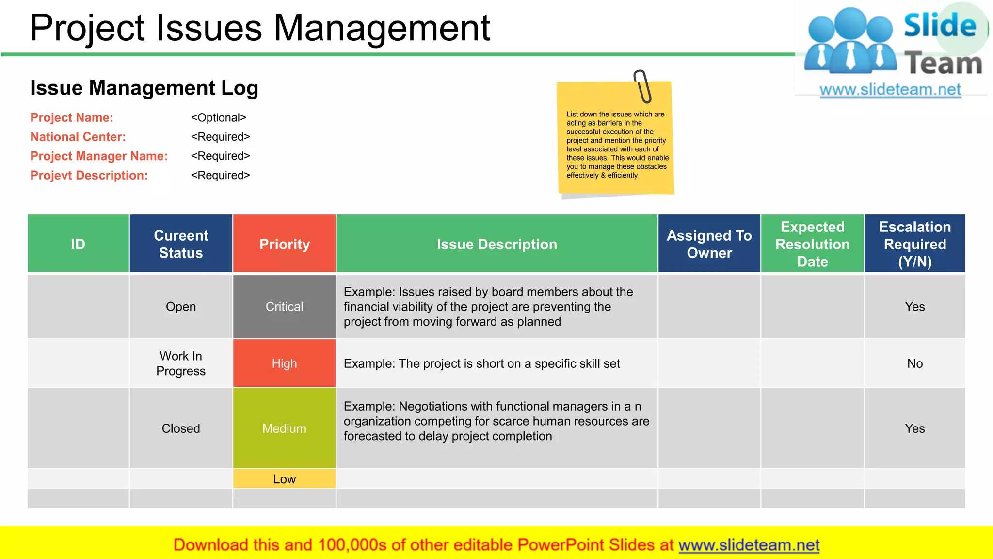 Project Issues Management 38
ID
Cureent
Status
Priority Issue Description
Assigned To
Owner
Expected
Resolution
Date
Escalation
Required
(Y/N)
Open Critical
Example: Issues raised by board members about the
financial viability of the project are preventing the
project from moving forward as planned
Yes
Work In
Progress
High Example: The project is short on a specific skill set No
Closed Medium
Example: Negotiations with functional managers in a n
organization competing for scarce human resources are
forecasted to delay project completion
Yes
Low
Issue Management Log
Project Name: <Optional>
National Center: <Required>
Project Manager Name: <Required>
Projevt Description: <Required>
List down the issues which are
acting as barriers in the
successful execution of the
project and mention the priority
level associated with each of
these issues. This would enable
you to manage these obstacles
effectively & efficiently
 