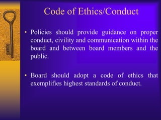 The new board advises it is heavily focused on training in boardsmanship, parliamentary procedure, ethics, finances, conducting meetings. Best Practices  Board Authority & Duties --- NCSBA Policy 1010Governing Principles ---NCSBA Policy 1100Operational Goals ---NCSBA Policy 2000Code of Ethics ---NCSBA Policy 2120Retaliation---NCSBA Policy 1760/7280