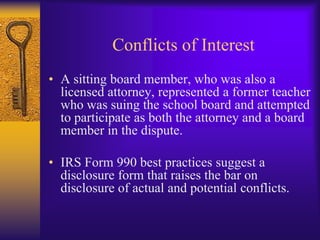 Best PracticesWhistleblower --- Generic SampleConflicts of Interest ---NCSBA Policy 2121Conflict Disclosure Form --- Generic SampleGift & Disclosure Form --- Generic Sample