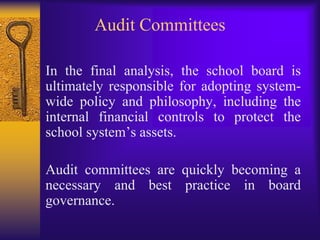 Standing committeesA governance or executive committee responsible for planning board agendas and coordinating the work of the other standing committees.A planning committee responsible for overseeing board involvement in strategic and operational planning and annual budget preparation and for reviewing and recommending key planning actions to the board.