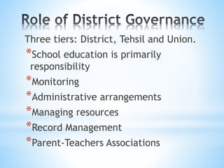 Three tiers: District, Tehsil and Union.
*School education is primarily
responsibility
*Monitoring
*Administrative arrangements
*Managing resources
*Record Management
*Parent-Teachers Associations
 