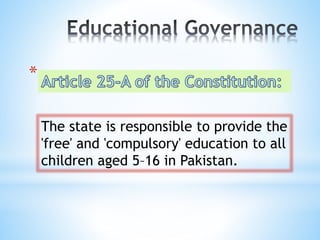 *.
The state is responsible to provide the
'free' and 'compulsory' education to all
children aged 5–16 in Pakistan.
 