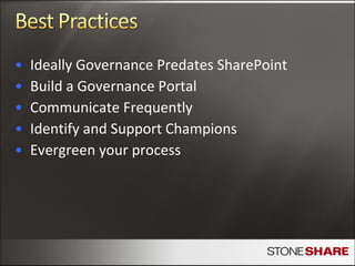 Ideally Governance Predates SharePoint Build a Governance Portal Communicate Frequently  Identify and Support Champions Evergreen your process 