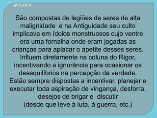 MOLOCH
São compostas de legiões de seres de alta
malignidade e na Antiguidade seu culto
implicava em ídolos monstruosos cujo ventre
era uma fornalha onde eram jogadas as
crianças para aplacar o apetite desses seres.
Influem diretamente na coluna do Rigor,
incentivando a ignorância para ocasionar os
desequilíbrios na percepção da verdade.
Estão sempre dispostas a incentivar, planejar e
executar toda aspiração de vingança, desforra,
desejos de brigar e discutir
(desde que leve à luta, à guerra, etc.)
 