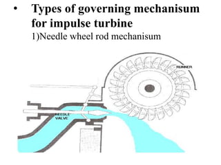 • Types of governing mechanisum
for impulse turbine
1)Needle wheel rod mechanisum
 