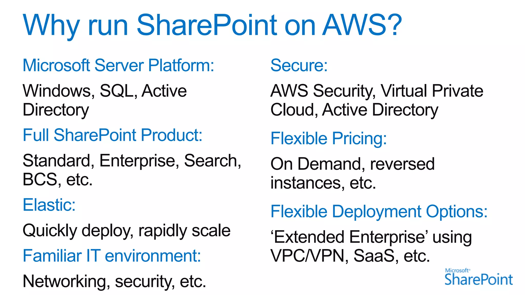 Windows, SQL, Active            AWS Security, Virtual Private
Directory                       Cloud, Active Directory

Standard, Enterprise, Search,   On Demand, reversed
BCS, etc.                       instances, etc.

Quickly deploy, rapidly scale   „Extended Enterprise‟ using
                                VPC/VPN, SaaS, etc.
Networking, security, etc.
 