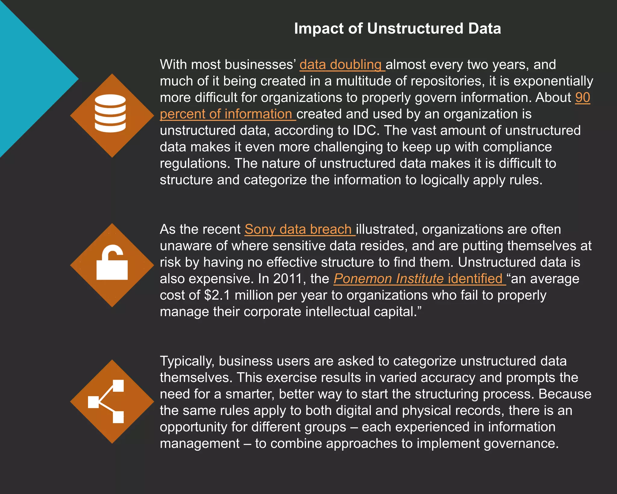 Impact of Unstructured Data
With most businesses’ data doubling almost every two years, and
much of it being created in a multitude of repositories, it is exponentially
more difficult for organizations to properly govern information. About 90
percent of information created and used by an organization is
unstructured data, according to IDC. The vast amount of unstructured
data makes it even more challenging to keep up with compliance
regulations. The nature of unstructured data makes it is difficult to
structure and categorize the information to logically apply rules.
As the recent Sony data breach illustrated, organizations are often
unaware of where sensitive data resides, and are putting themselves at
risk by having no effective structure to find them. Unstructured data is
also expensive. In 2011, the Ponemon Institute identified “an average
cost of $2.1 million per year to organizations who fail to properly
manage their corporate intellectual capital.”
Typically, business users are asked to categorize unstructured data
themselves. This exercise results in varied accuracy and prompts the
need for a smarter, better way to start the structuring process. Because
the same rules apply to both digital and physical records, there is an
opportunity for different groups – each experienced in information
management – to combine approaches to implement governance.
 
