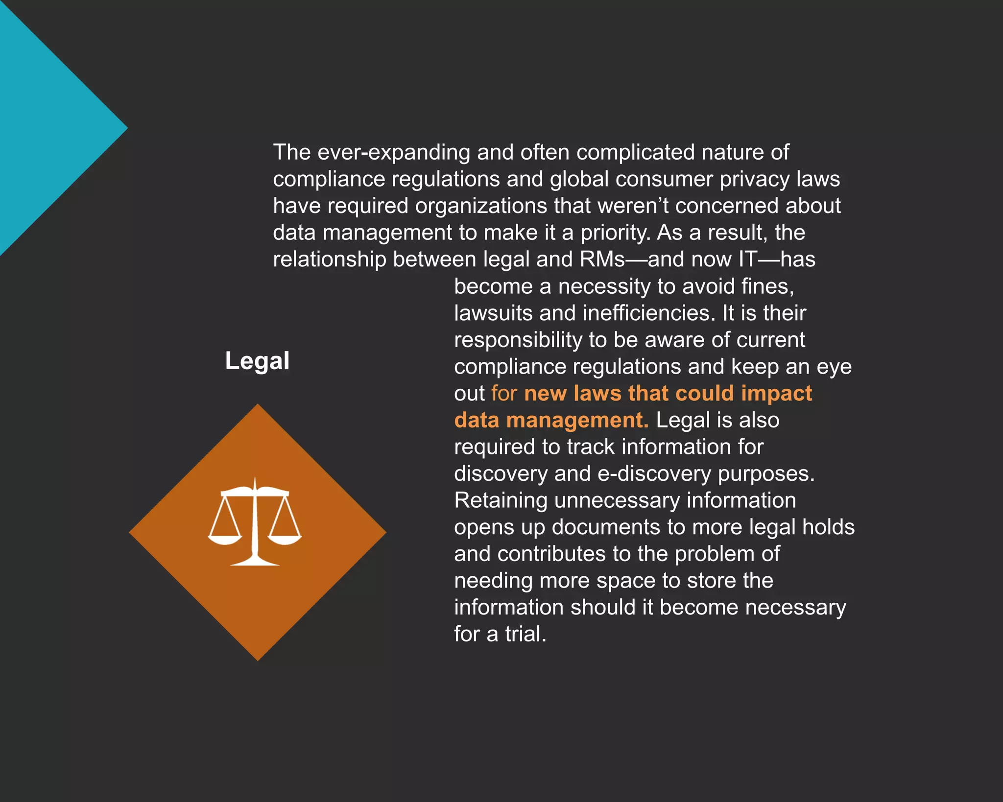 The ever-expanding and often complicated nature of
compliance regulations and global consumer privacy laws
have required organizations that weren’t concerned about
data management to make it a priority. As a result, the
relationship between legal and RMs—and now IT—has
Legal
become a necessity to avoid fines,
lawsuits and inefficiencies. It is their
responsibility to be aware of current
compliance regulations and keep an eye
out for new laws that could impact
data management. Legal is also
required to track information for
discovery and e-discovery purposes.
Retaining unnecessary information
opens up documents to more legal holds
and contributes to the problem of
needing more space to store the
information should it become necessary
for a trial.
 