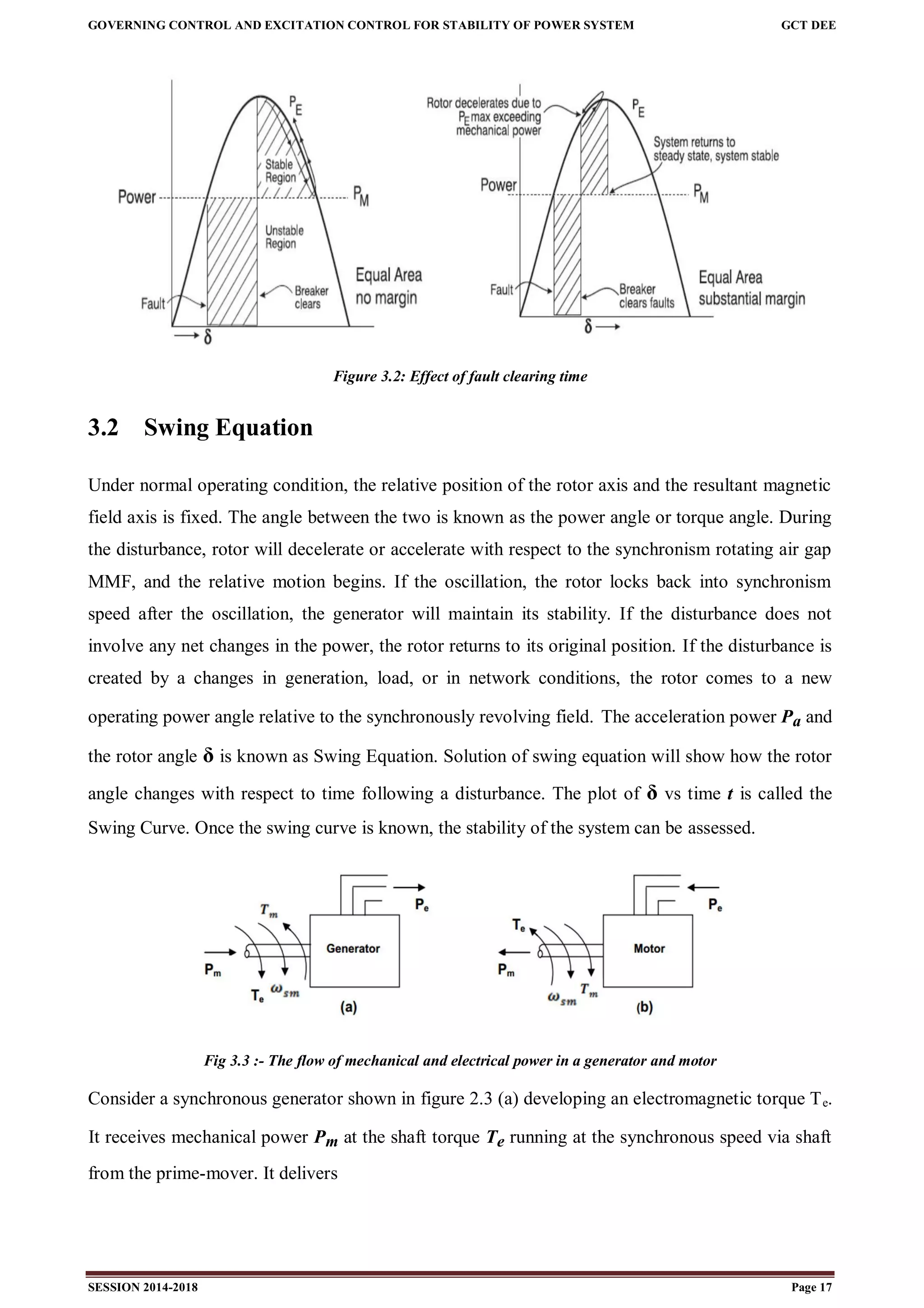 GOVERNING CONTROL AND EXCITATION CONTROL FOR STABILITY OF POWER SYSTEM GCT DEE
SESSION 2014-2018 Page 17
Figure 3.2: Effect of fault clearing time
3.2 Swing Equation
Under normal operating condition, the relative position of the rotor axis and the resultant magnetic
field axis is fixed. The angle between the two is known as the power angle or torque angle. During
the disturbance, rotor will decelerate or accelerate with respect to the synchronism rotating air gap
MMF, and the relative motion begins. If the oscillation, the rotor locks back into synchronism
speed after the oscillation, the generator will maintain its stability. If the disturbance does not
involve any net changes in the power, the rotor returns to its original position. If the disturbance is
created by a changes in generation, load, or in network conditions, the rotor comes to a new
operating power angle relative to the synchronously revolving field. The acceleration power Pa and
the rotor angle δ is known as Swing Equation. Solution of swing equation will show how the rotor
angle changes with respect to time following a disturbance. The plot of δ vs time t is called the
Swing Curve. Once the swing curve is known, the stability of the system can be assessed.
Fig 3.3 :- The flow of mechanical and electrical power in a generator and motor
Consider a synchronous generator shown in figure 2.3 (a) developing an electromagnetic torque Te.
. It receives mechanical power Pm at the shaft torque Te running at the synchronous speed via shaft
from the prime-mover. It delivers
 