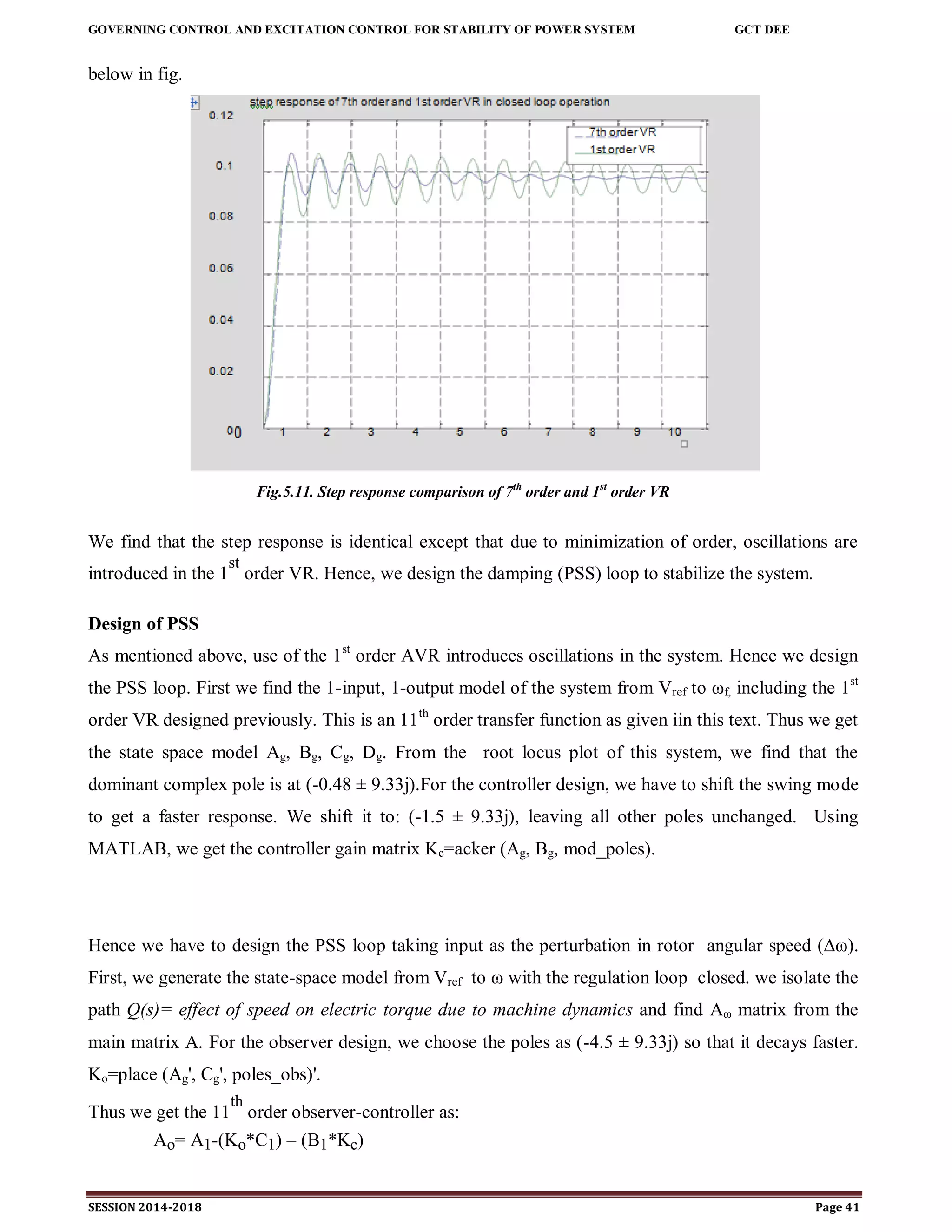 GOVERNING CONTROL AND EXCITATION CONTROL FOR STABILITY OF POWER SYSTEM GCT DEE
SESSION 2014-2018 Page 41
below in fig.
Fig.5.11. Step response comparison of 7th
order and 1st
order VR
We find that the step response is identical except that due to minimization of order, oscillations are
introduced in the 1
st
order VR. Hence, we design the damping (PSS) loop to stabilize the system.
Design of PSS
As mentioned above, use of the 1st
order AVR introduces oscillations in the system. Hence we design
the PSS loop. First we find the 1-input, 1-output model of the system from Vref to ωf, including the 1st
order VR designed previously. This is an 11th
order transfer function as given iin this text. Thus we get
the state space model Ag, Bg, Cg, Dg. From the root locus plot of this system, we find that the
dominant complex pole is at (-0.48 ± 9.33j).For the controller design, we have to shift the swing mode
to get a faster response. We shift it to: (-1.5 ± 9.33j), leaving all other poles unchanged. Using
MATLAB, we get the controller gain matrix Kc=acker (Ag, Bg, mod_poles).
Hence we have to design the PSS loop taking input as the perturbation in rotor angular speed (∆ω).
First, we generate the state-space model from Vref to ω with the regulation loop closed. we isolate the
path Q(s)= effect of speed on electric torque due to machine dynamics and find Aω matrix from the
main matrix A. For the observer design, we choose the poles as (-4.5 ± 9.33j) so that it decays faster.
Ko=place (Ag', Cg', poles_obs)'.
Thus we get the 11
th
order observer-controller as:
Ao= A1-(Ko*C1) – (B1*Kc)
 